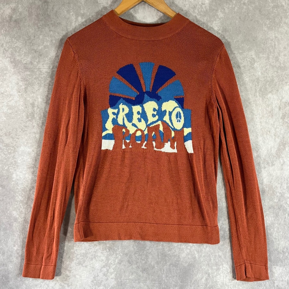 Free People Graphic Knit Top Womens Medium Rust Free To Roam Sunburst Peace Sign